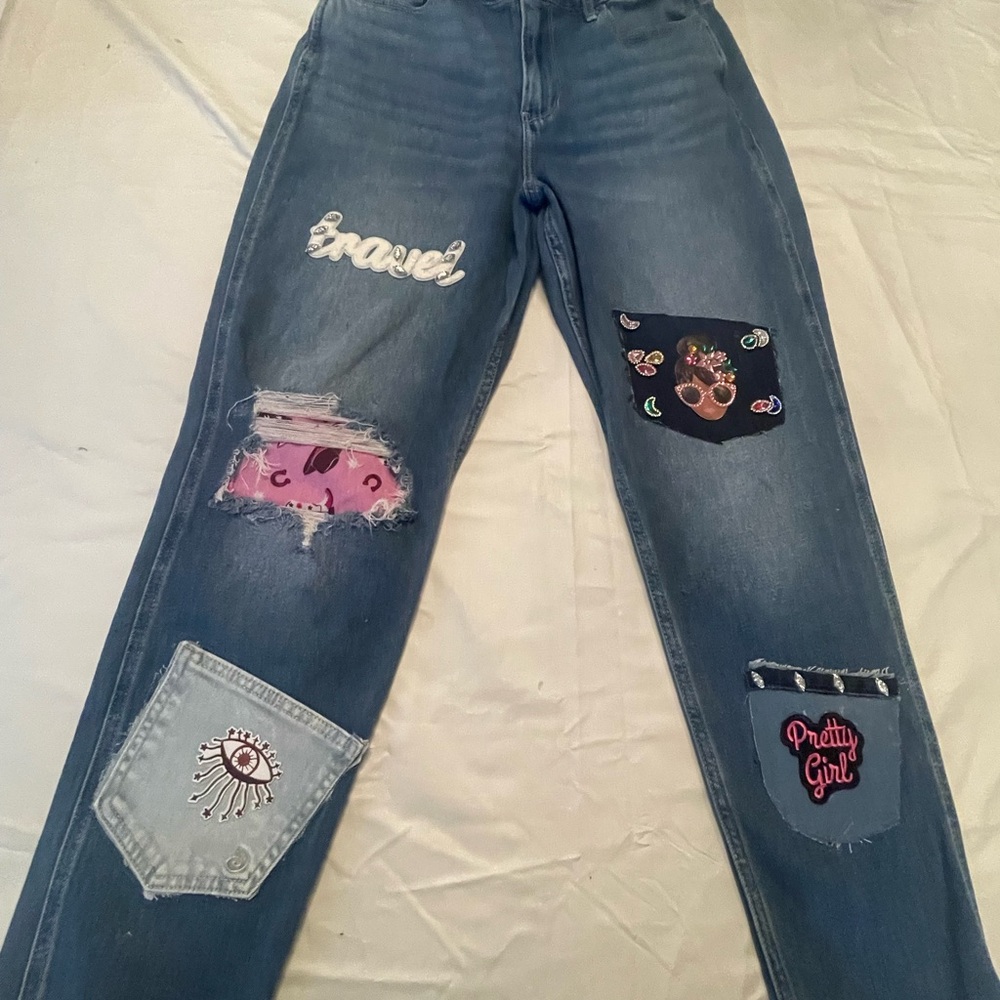Hollister Blue Boyfriend Jeans with Embroidered Patches
